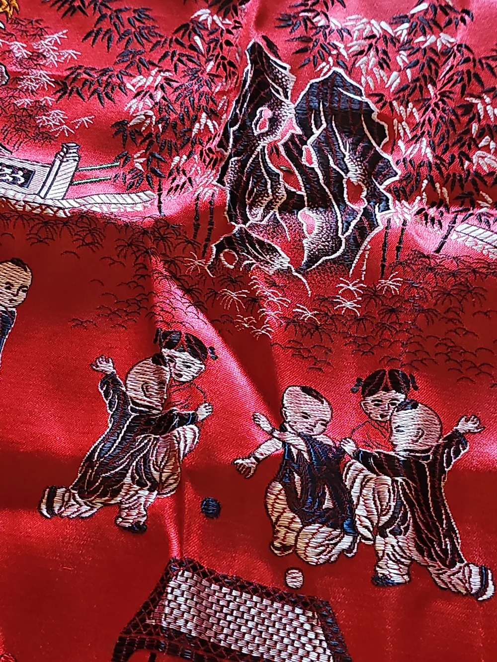 Vintage Chinese RED Silk Brocade Large Piano Shawl / Tablecloth Tapestry